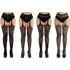 Chein Womens Fishnet Tights Suspender Pantyhose Thigh-High Stockings Black 4 Pai